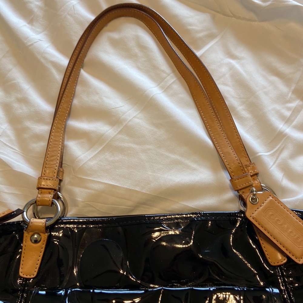 Coach Black Patent Leather Tote Bag Large Signature C Embossed Tan Strap EUC - Picture 15 of 17